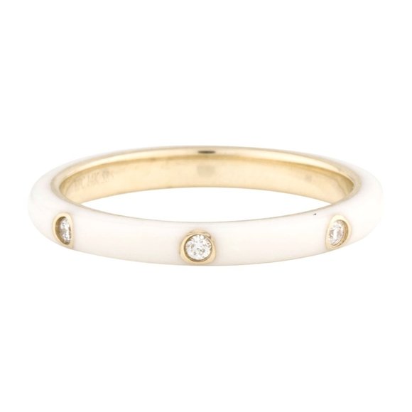 EF COLLECTION 14K DIAMOND & ENAMEL WHITE STACK RING 3 diamond  5 points each - Picture 1 of 5